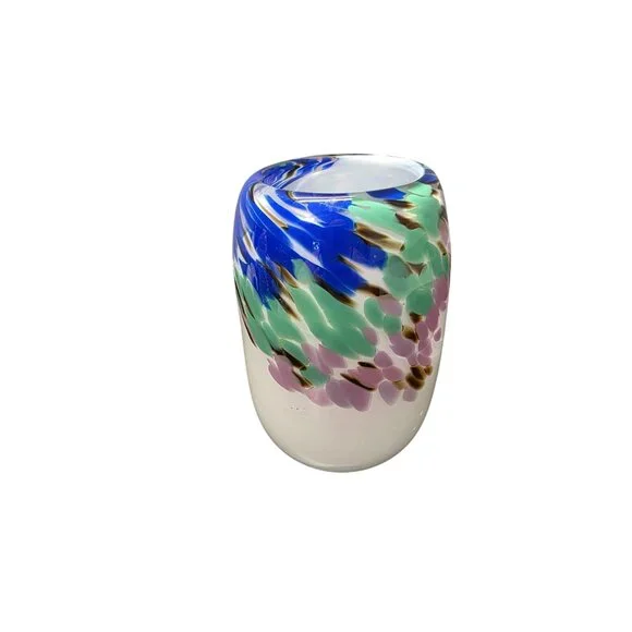 Hand Blown Vintage Art Glass Blue Swirl Glass Vase Signed Jon Silverman 7”